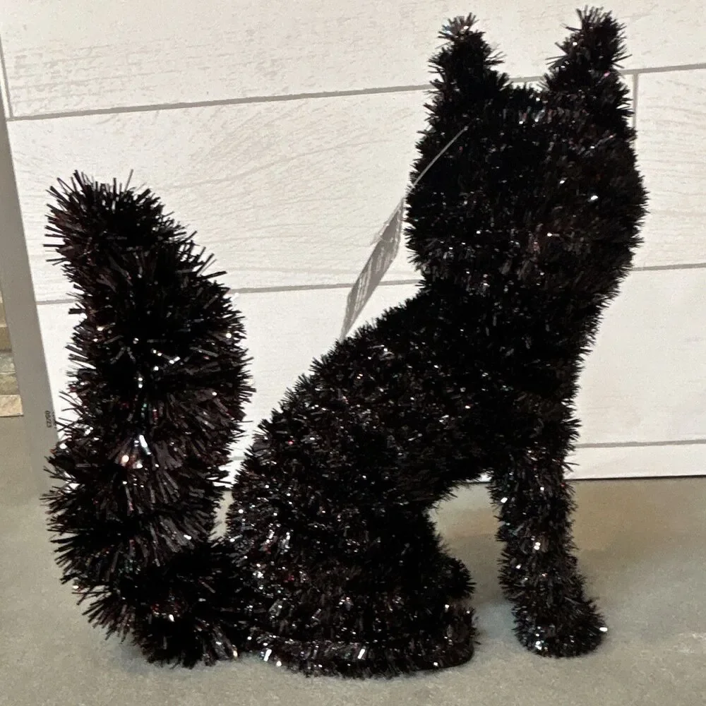 Ashland Halloween Black Tinsel Sitting Cat & Bat Decor w/ Faux Straw Bale